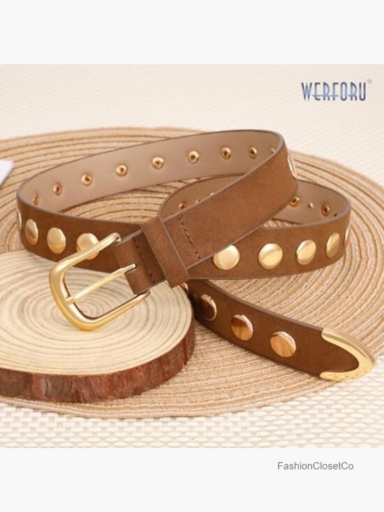 Studded Faux Leather Belt with Gold Buckle Punk Belt for Jeans Dress
